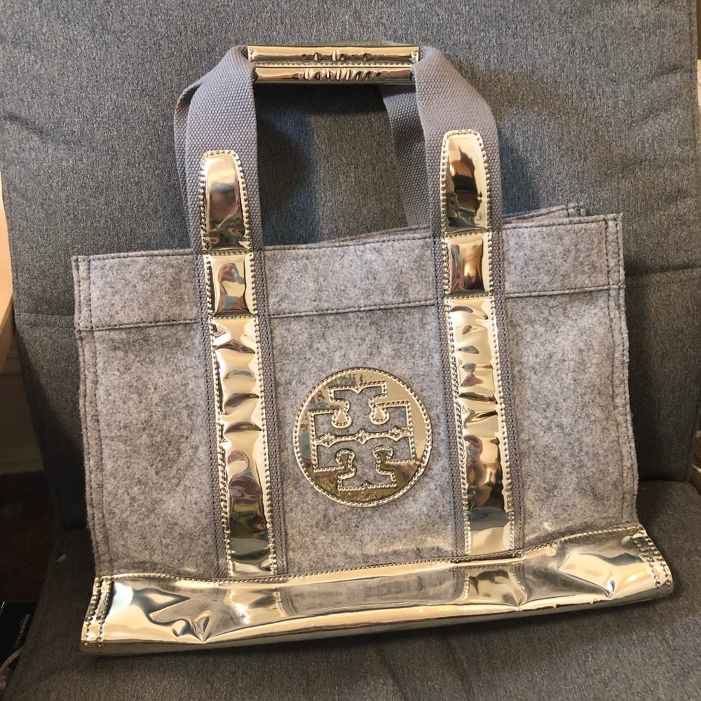 Tory Burch Silver Grey Felt Tote Bag